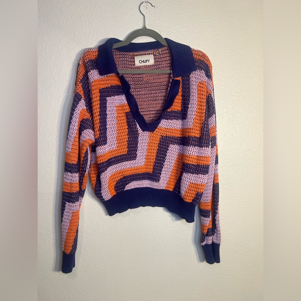 CHUFY polo knit loose knit cotton cropped v neck  sweater